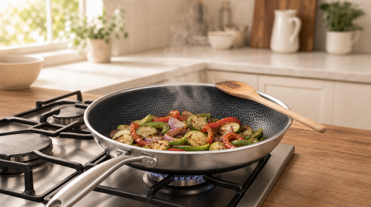 Honeycomb stainless steel frying pan searing vegetables on a gas stove