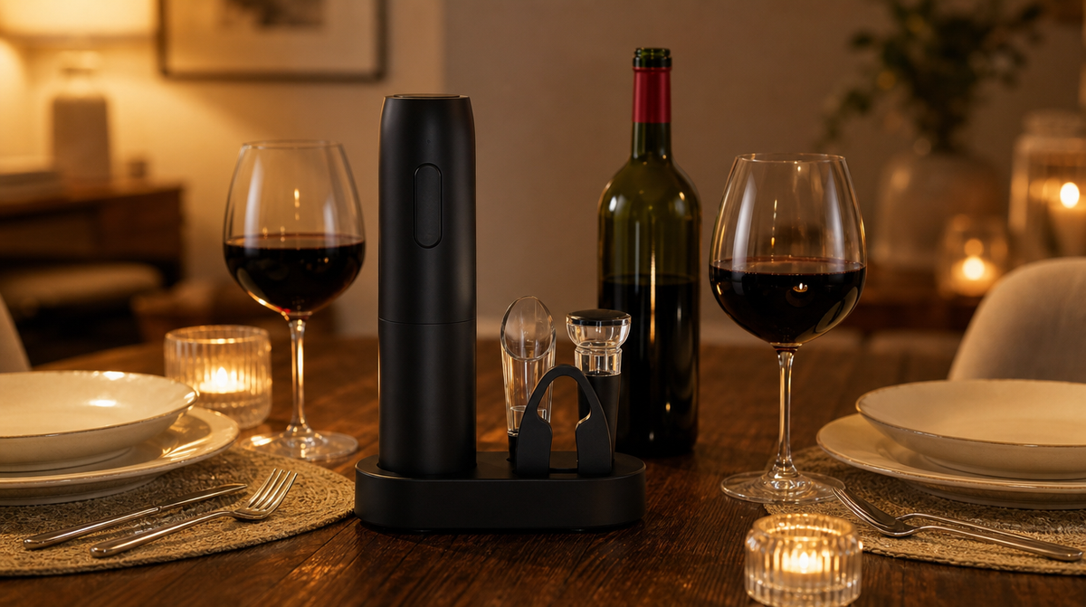 Warmly set dinner table with wine, glasses, and an electric wine opener
