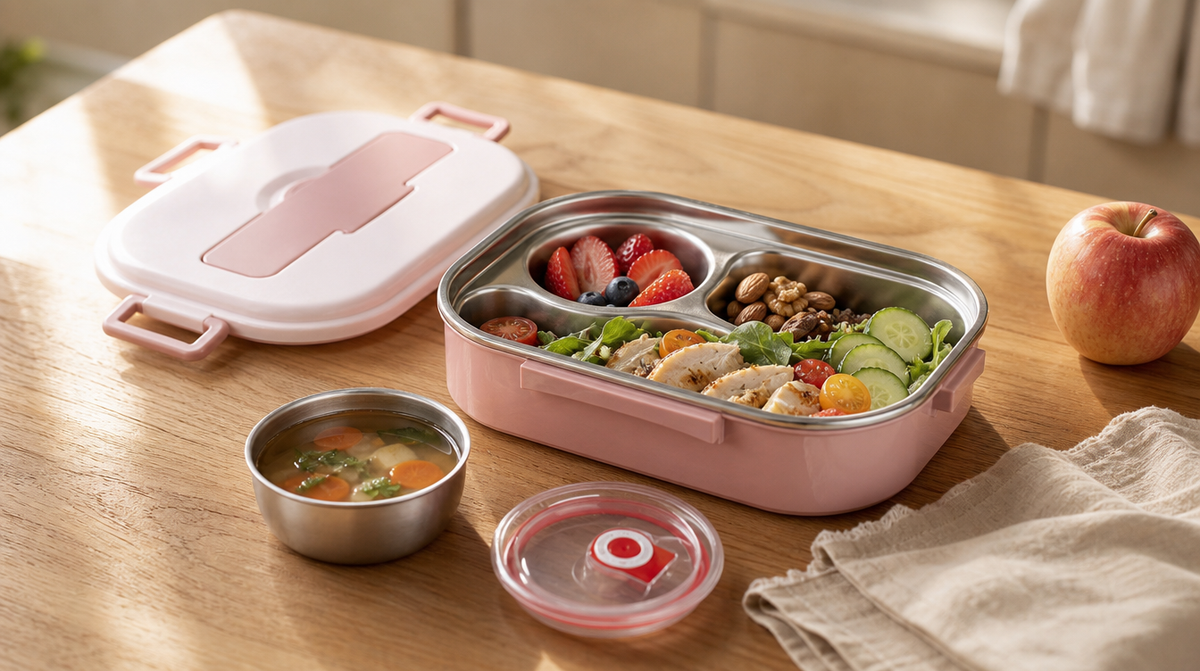 Stainless steel bento lunchbox filled with a fresh lunch on a wooden table