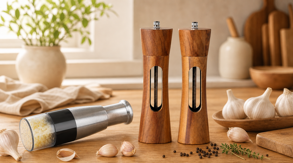 Wooden salt and pepper grinders and a stainless steel garlic press on a kitchen counter