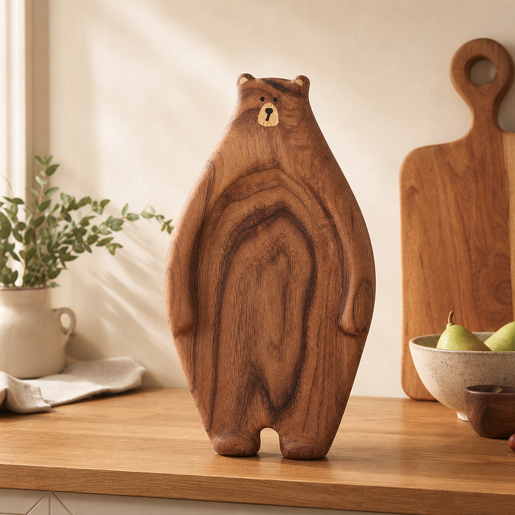 Bear-Shaped Wood Serving Board, Food-Safe Finish