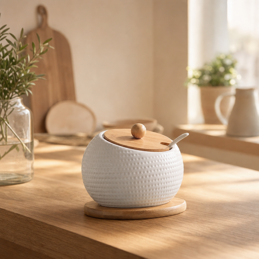Dimpled Ceramic Sugar Bowl with Bamboo Lid — Dishwasher Safe
