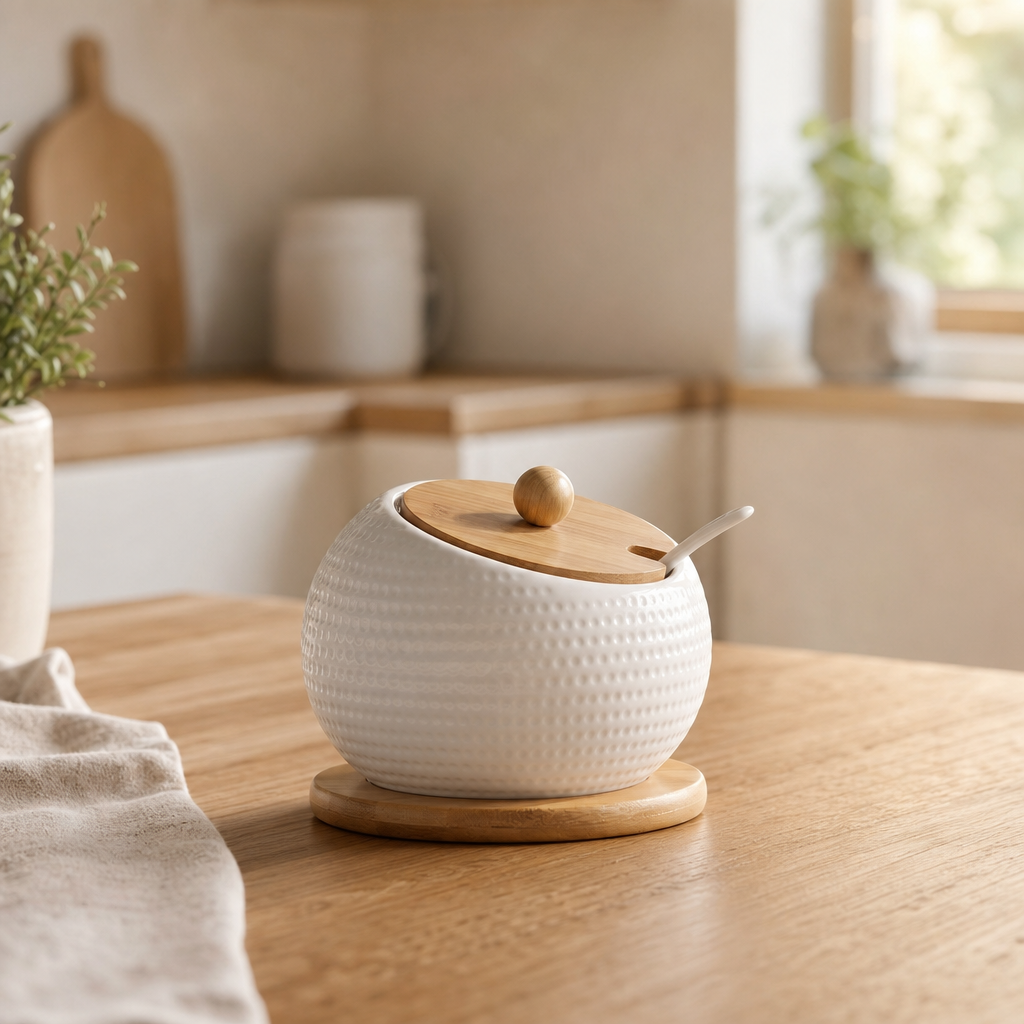 Dimpled Ceramic Sugar Bowl with Bamboo Lid — Dishwasher Safe