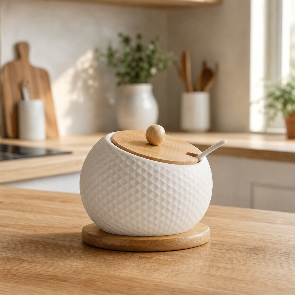 Dimpled Ceramic Sugar Bowl with Bamboo Lid — Dishwasher Safe