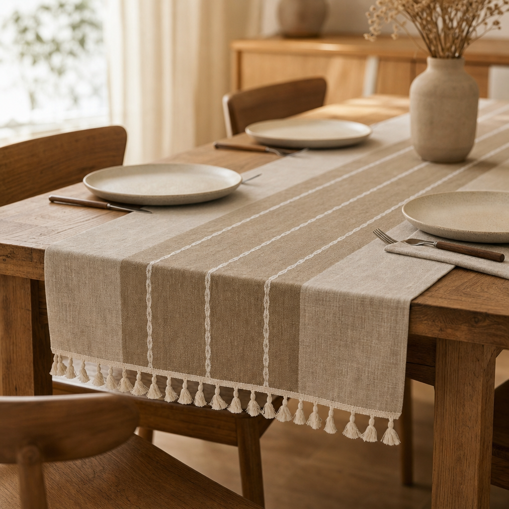 Fringed Linen Table Runner — Stain-Resistant with Tassel Detail