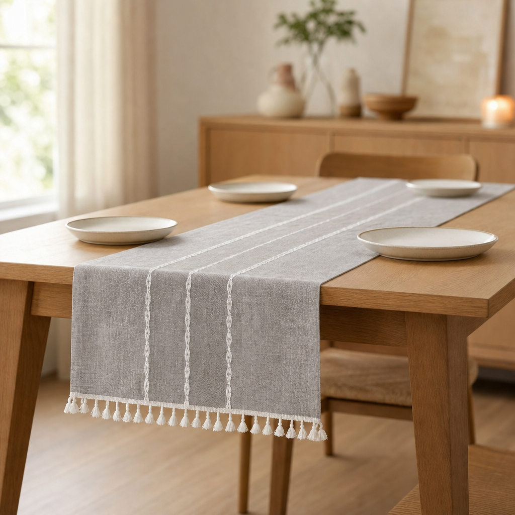 Fringed Linen Table Runner — Stain-Resistant with Tassel Detail