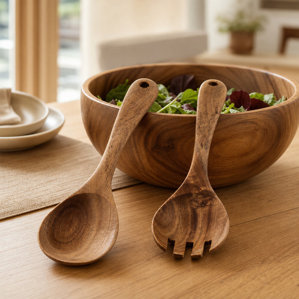 Handcrafted Acacia Wood Salad Serving Set — Natural Antibacterial
