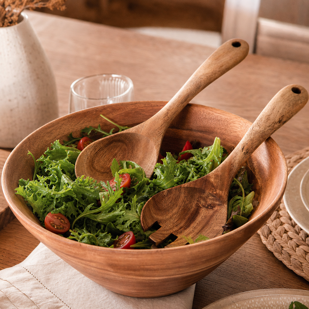 Handcrafted Acacia Wood Salad Serving Set — Natural Antibacterial