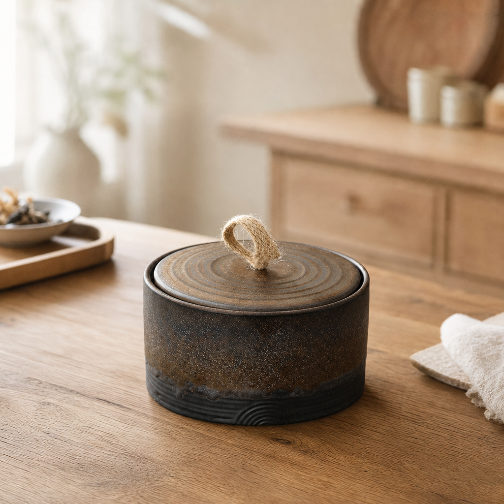 Handmade Wabi-Sabi Ceramic Storage Jar — Hemp Rope Lid Handle