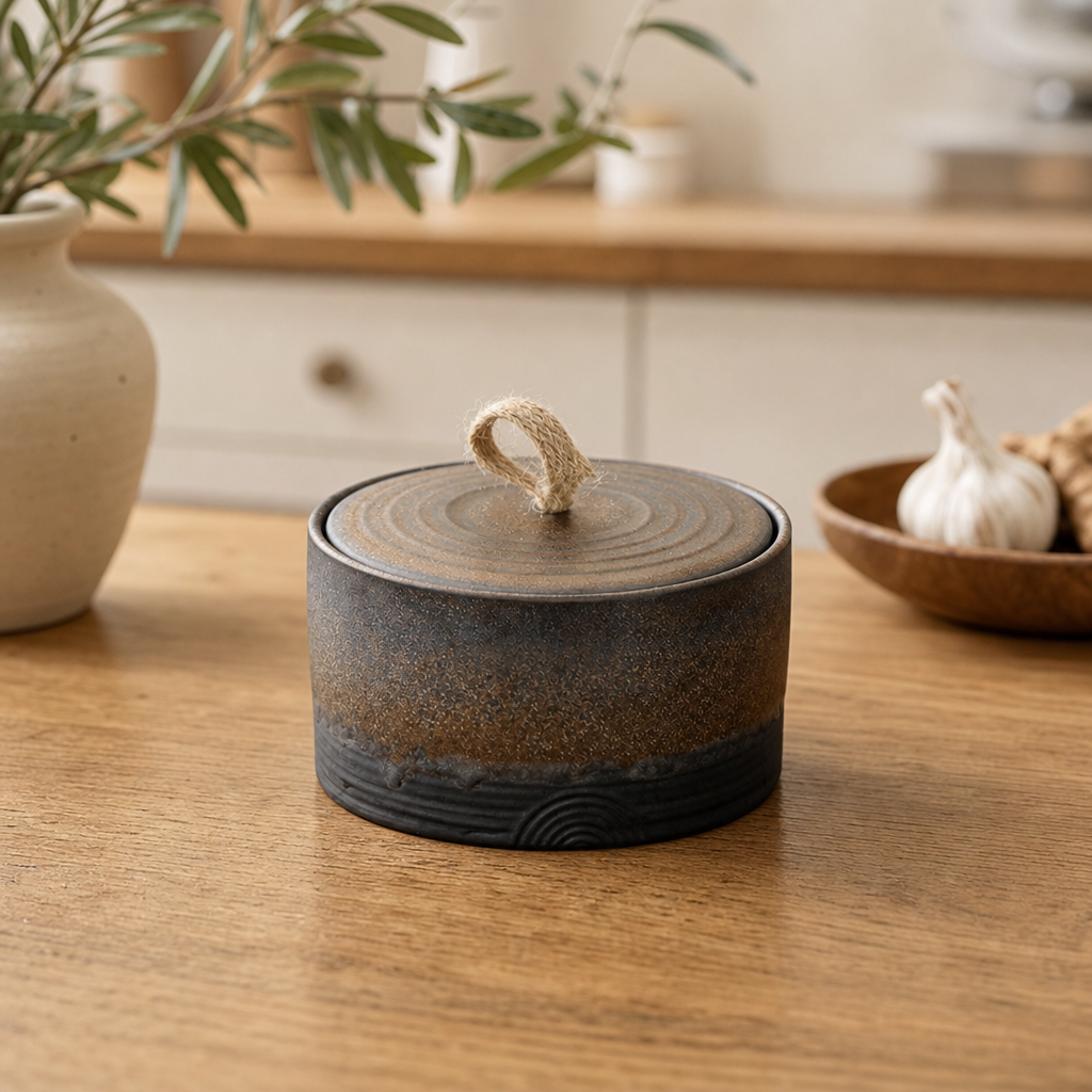 Handmade Wabi-Sabi Ceramic Storage Jar — Hemp Rope Lid Handle