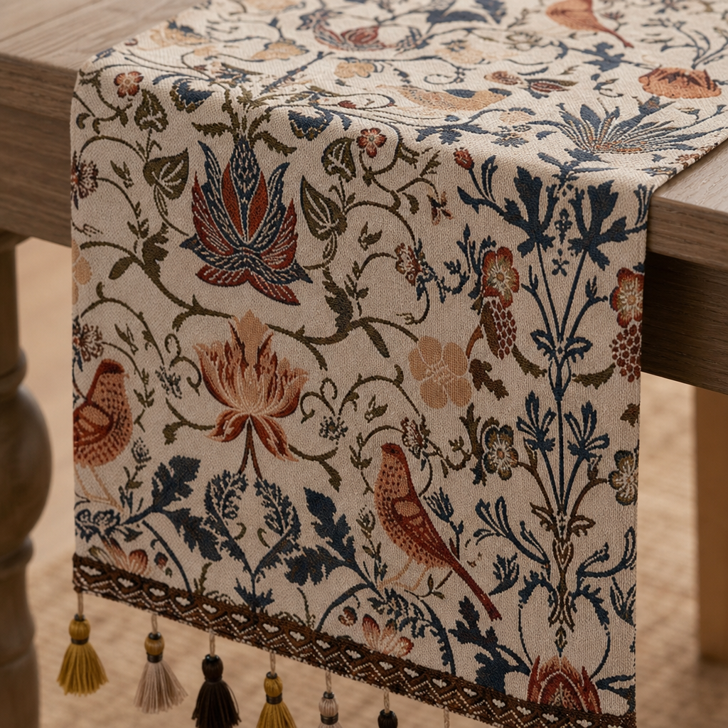 Jacquard Floral Table Runner with Tassel Fringe — Vintage Botanical Design