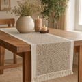 Japandi Damask Table Runner — Microfibre Tassel-Fringe Design