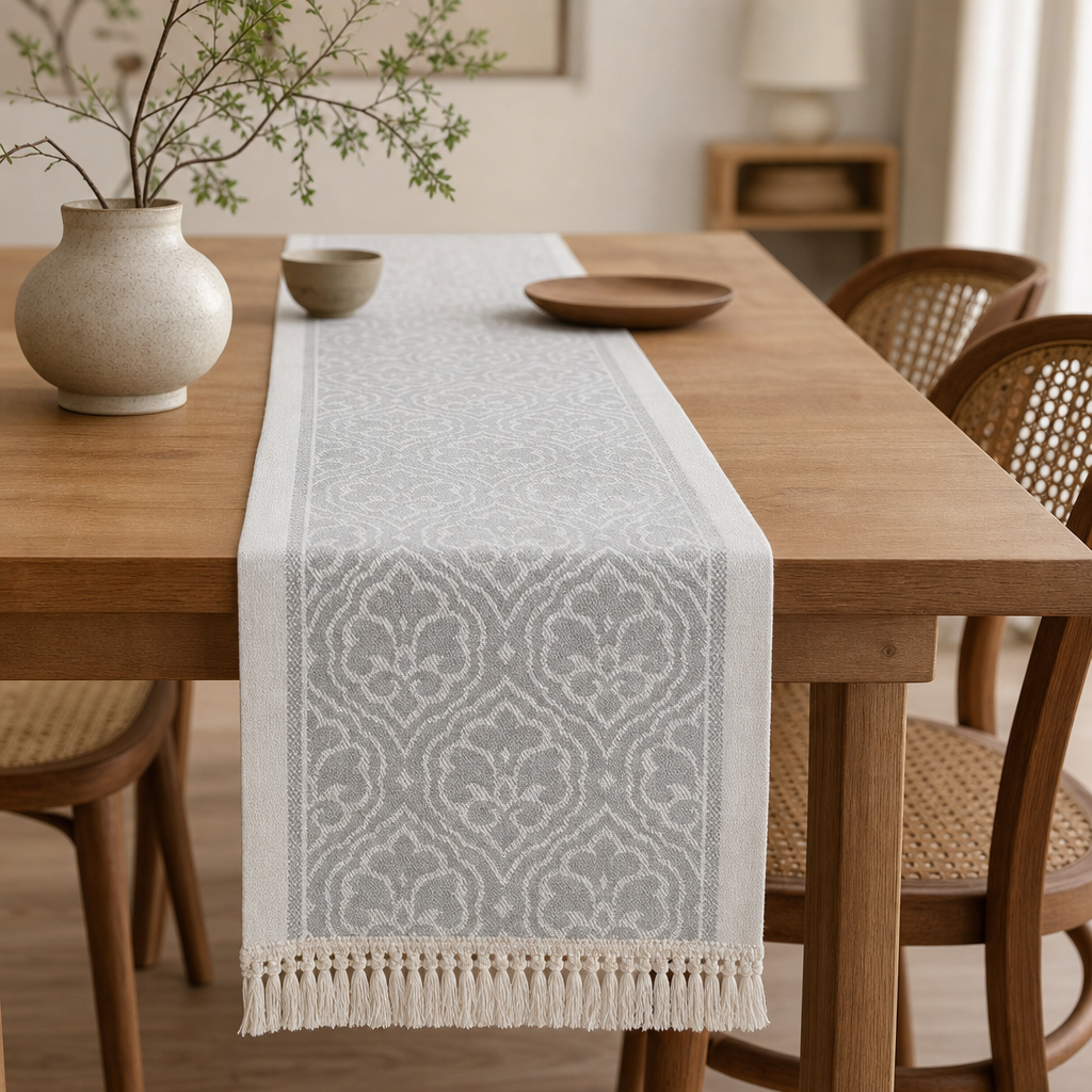 Japandi Damask Table Runner — Microfibre Tassel-Fringe Design