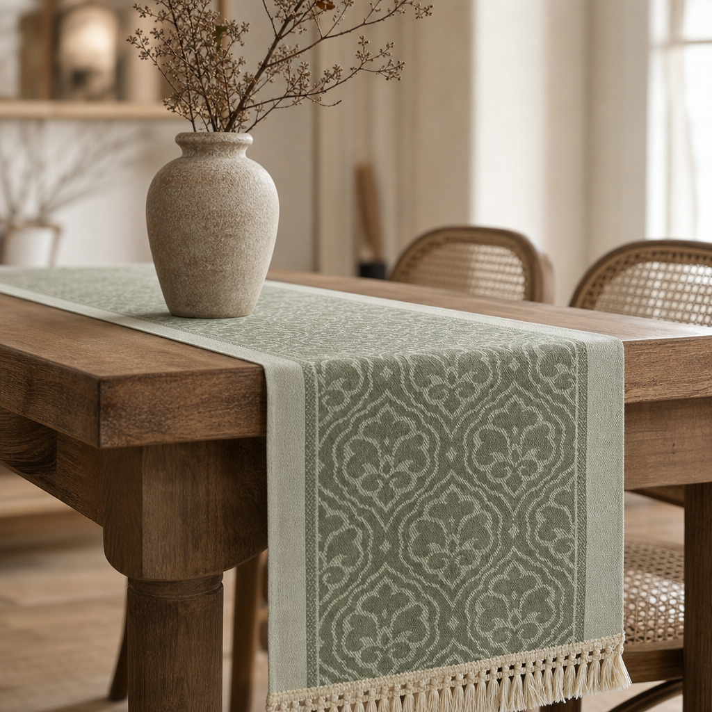 Japandi Damask Table Runner — Microfibre Tassel-Fringe Design