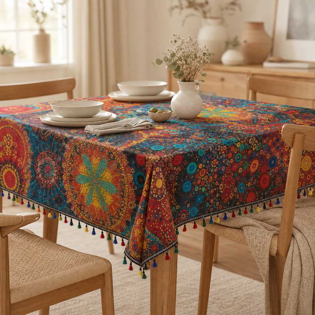 Mandala Jacquard Dining Tablecloth with Tassel Detail — Fade-Resistant