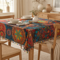 Mandala Jacquard Dining Tablecloth with Tassel Detail — Fade-Resistant