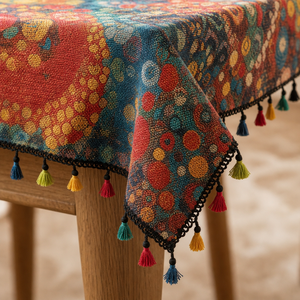 Mandala Jacquard Dining Tablecloth with Tassel Detail — Fade-Resistant