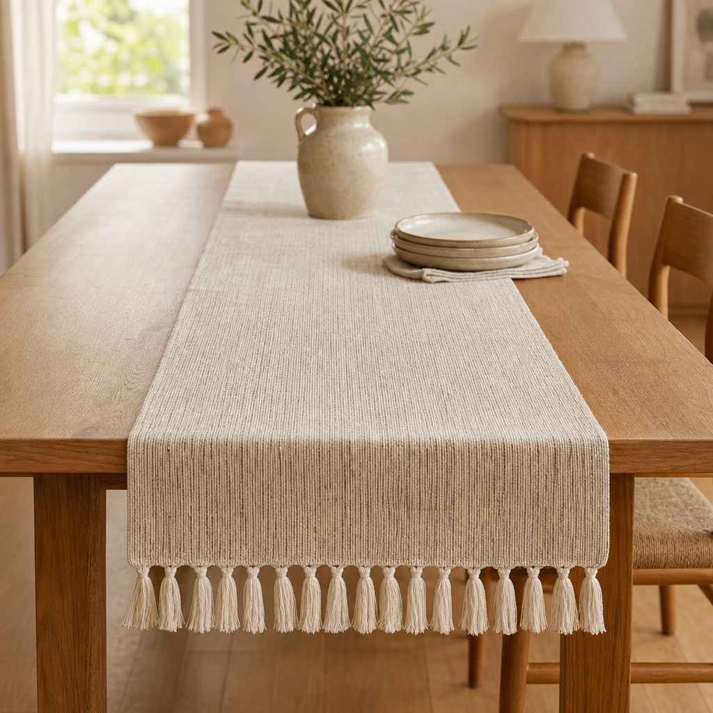 Minimalist Woven Table Runner with Tassel Edge — Heat-Resistant & Washable