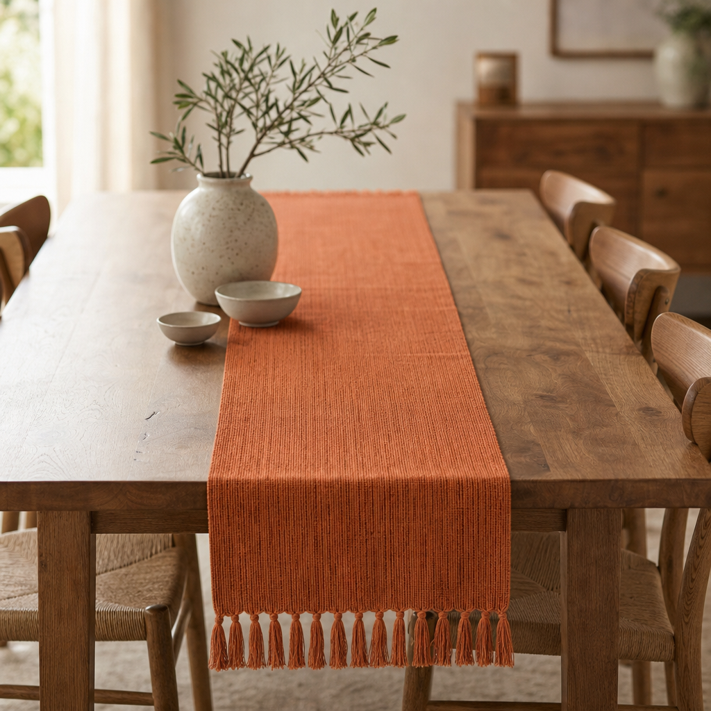 Minimalist Woven Table Runner with Tassel Edge — Heat-Resistant & Washable
