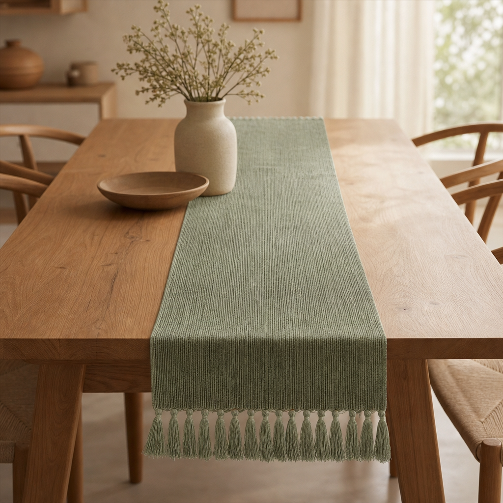 Minimalist Woven Table Runner with Tassel Edge — Heat-Resistant & Washable