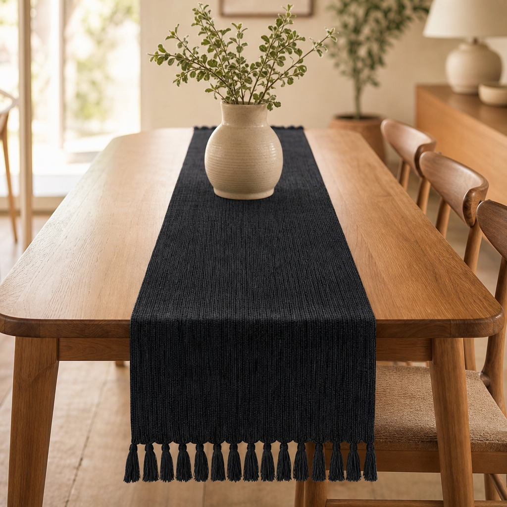 Minimalist Woven Table Runner with Tassel Edge — Heat-Resistant & Washable