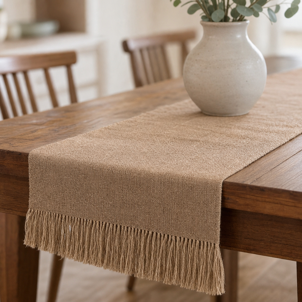 Natural Jute Table Runner with Crochet Lace Border — Burlap Weave