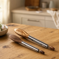 Precision Kitchen Tongs Set 23cm & 30cm — Stainless Steel & Wood