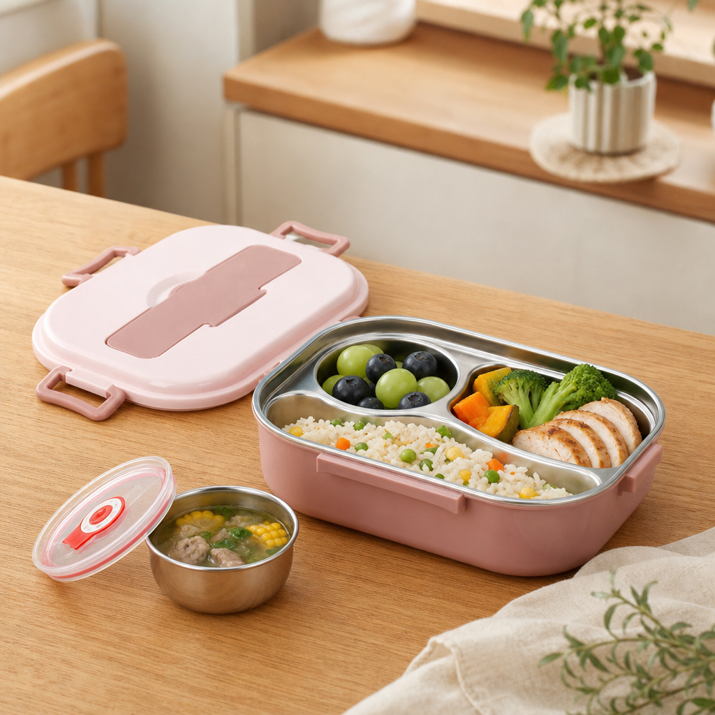 Stainless Steel Bento Lunch Box with Soup Bowl, Leak-Proof
