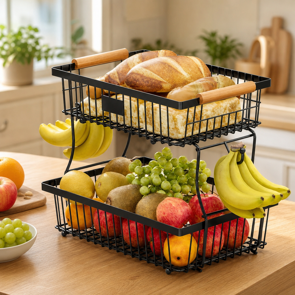 2-Tier Fruit and Vegetable Rack with Hooks